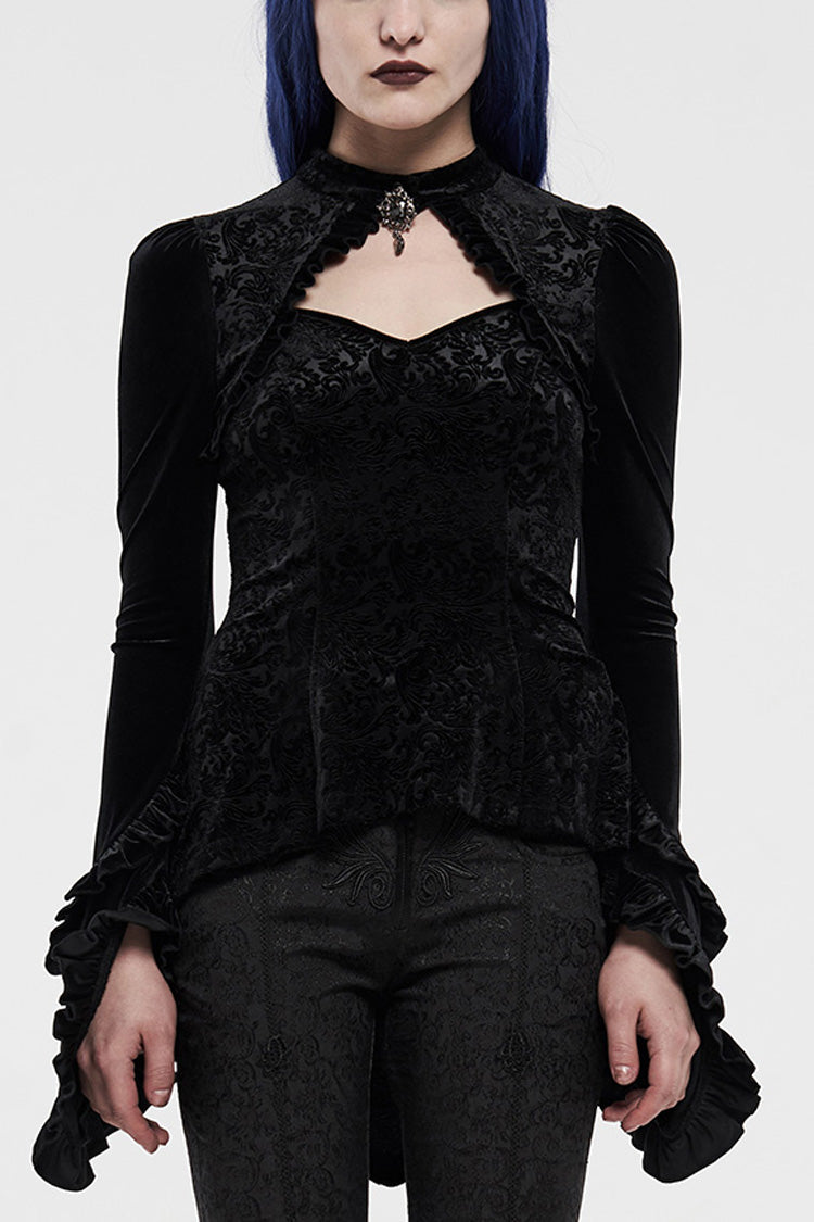Black Long Sleeves Hollow Embroidery Slim Women's Gothic Blouse