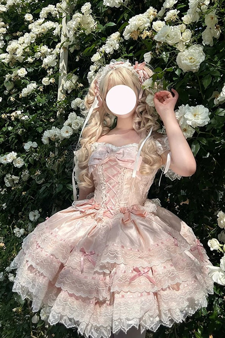 Pink [Flora Isle Butterfly] Sleeveless Ruffle Bowknot Lace Lace-Up Sweet Elegant Lolita Jsk Dress