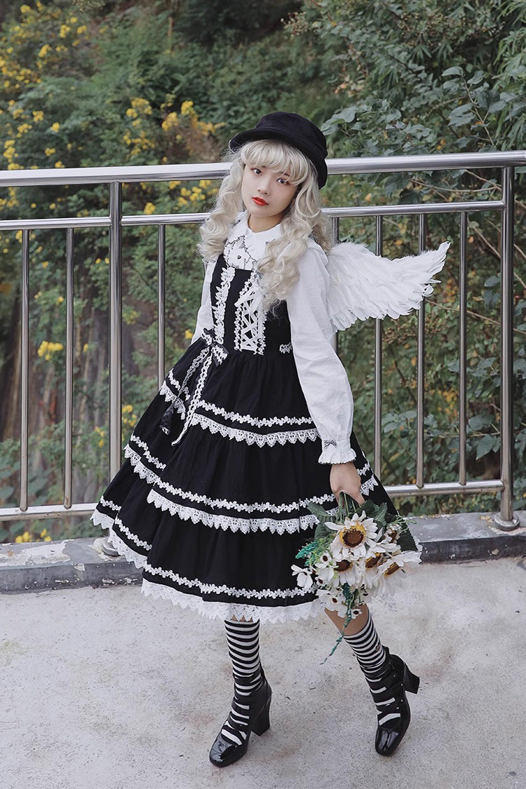 Black/White Three-section Cake Sleeveless Ribbon Sweet Lolita Tiered Dress