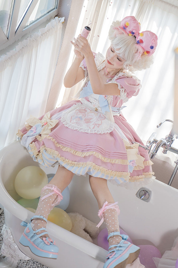 Pink Short Sleeves Print Ruffle Bowknot Lace-Up Sweet Princess Lolita Dress Set