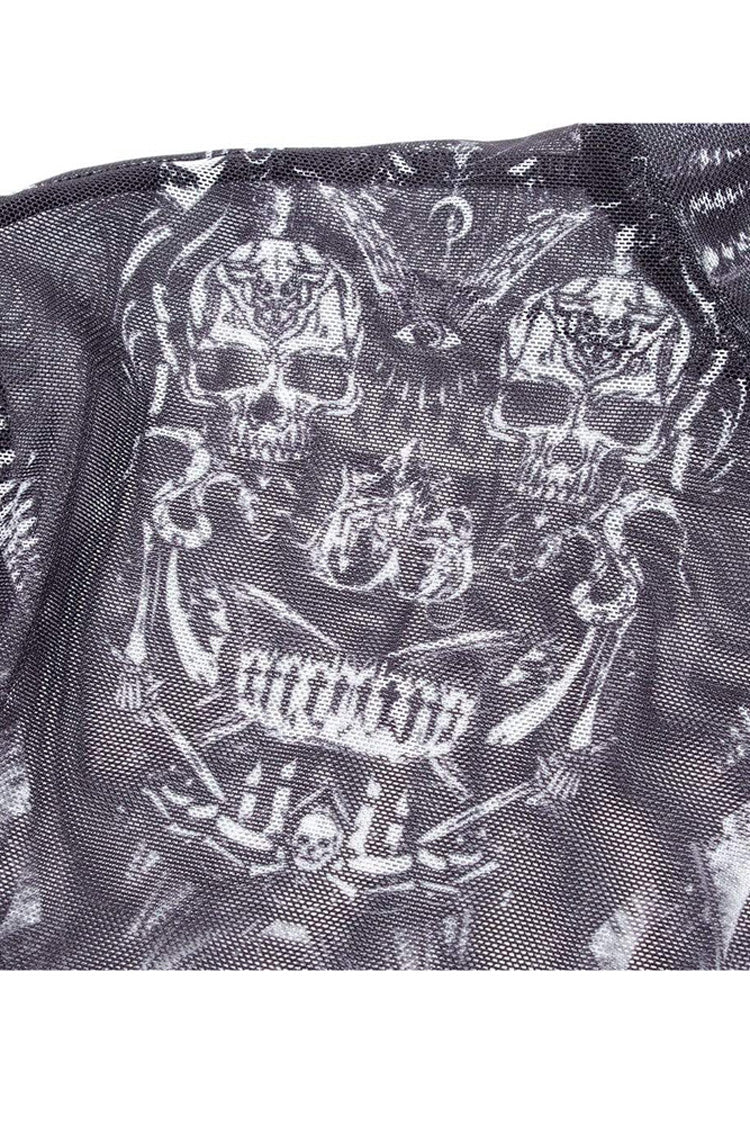 Schwarz/Weiß Gothic Persönlichkeit Totenkopf Druckmuster Elastizität Mesh Eng Sexy Perspektive Krawatte Kordel An Der Manschette Damen Hemd