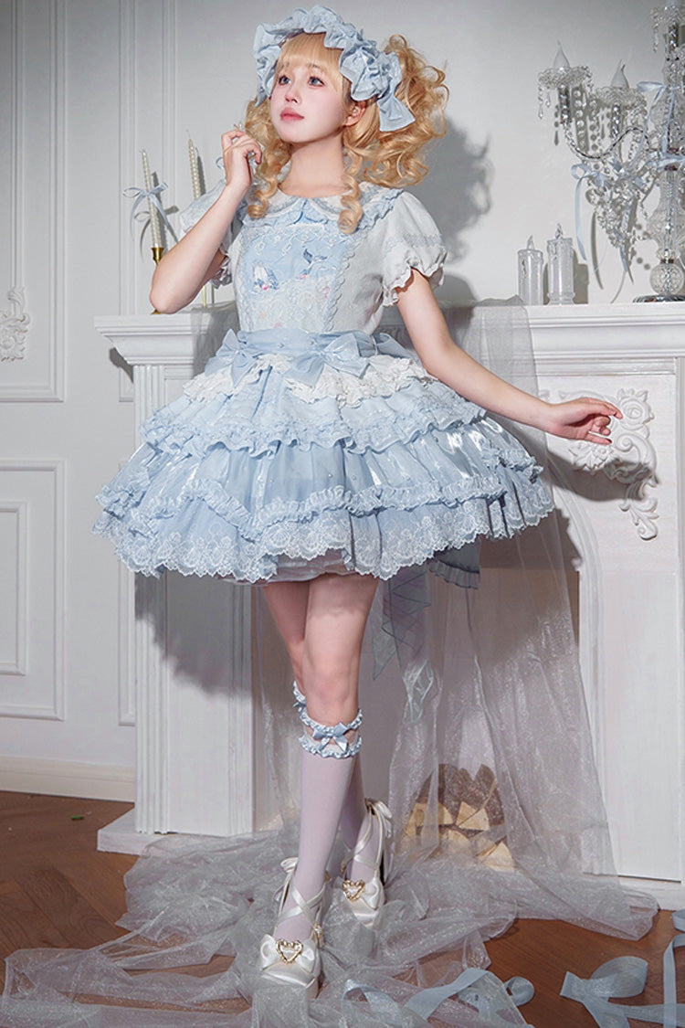 Robe Lolita douce à volants triples brodés à manches courtes avec col à revers bleu [baleine] 