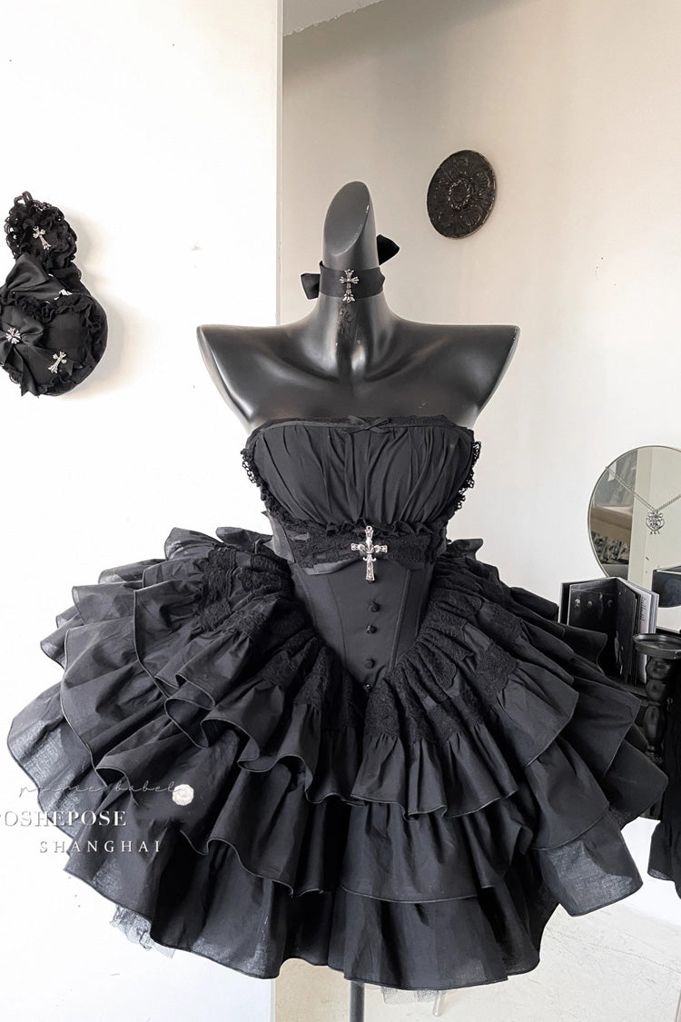 Black Sleeveless Triple-Layered Ruffle Bowknot Lace Gothic Princess Lolita Dress