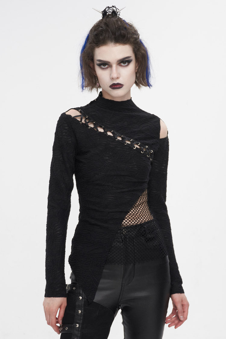 Schwarzes Gothic-Shirt mit Riemchen und Cutout aus Netzstoff für Damen