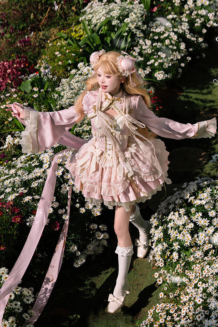 Rosa-weißes Pear Dream Mehrlagiges Rüschen-Spitzenkleid im chinesischen Prinzessinnen-Stil mit Lolita-JSK-Kleid