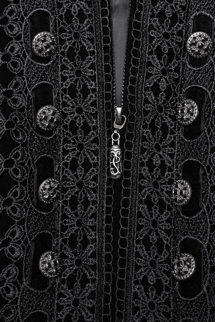 Black Long Puff Sleeves Floral Embroidery Women's Gothic Coat