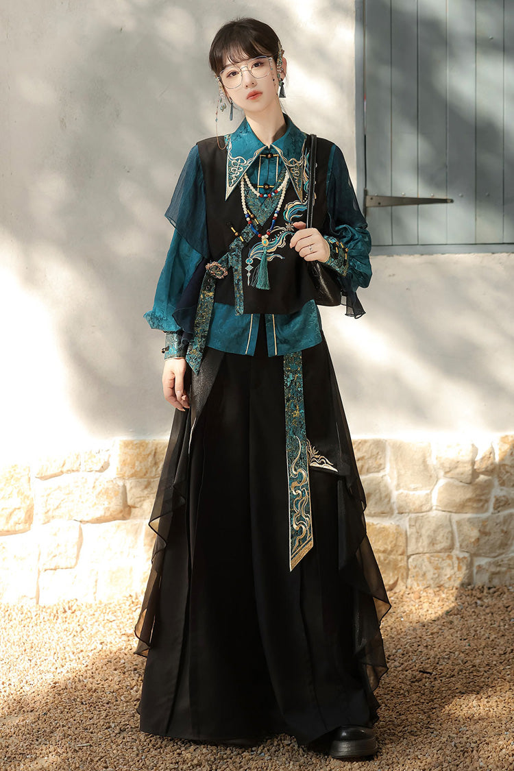 Schwarz/Grün Rundhals Langarm Rüschen Stickerei Chinesischer Stil Vintage Hübsches Ouji Lolita Set 