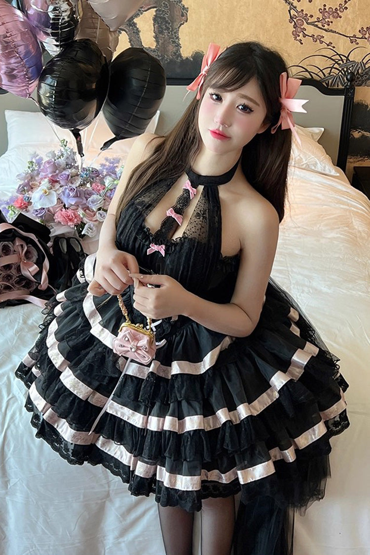 Black [Ballet Dream] Halterneck Triple-Layered Ruffle Bowknot Lace-Up Sweet Princess Lolita Dress