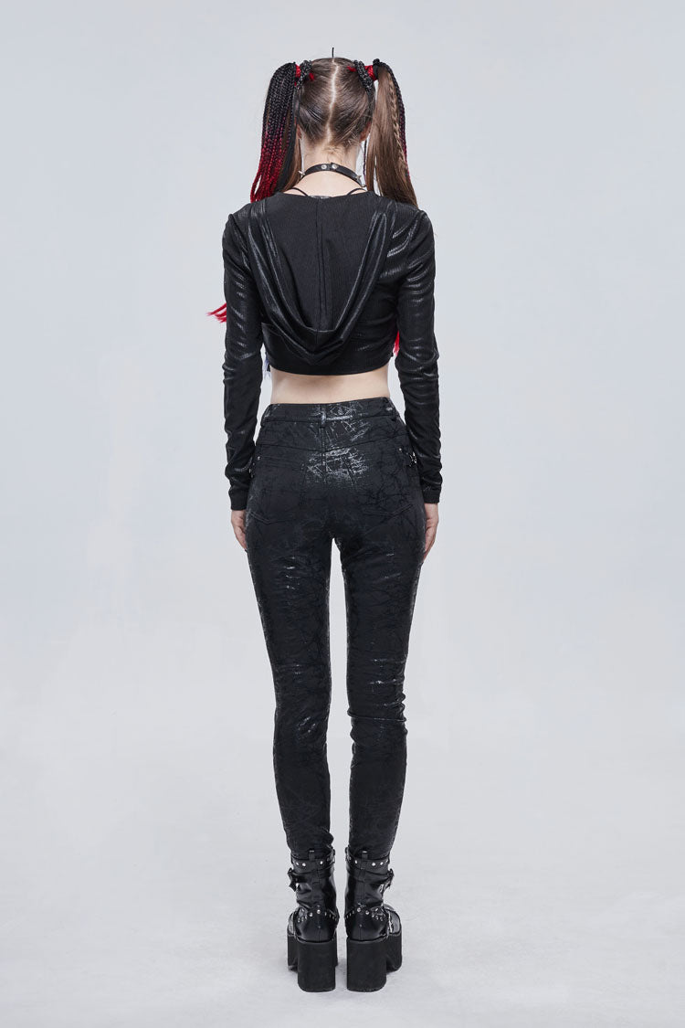 Schwarzes, glänzendes, vertikales Maserungsmuster, gebundenes Seildekor, kurzes Punk-T-Shirt für Damen mit Kapuze