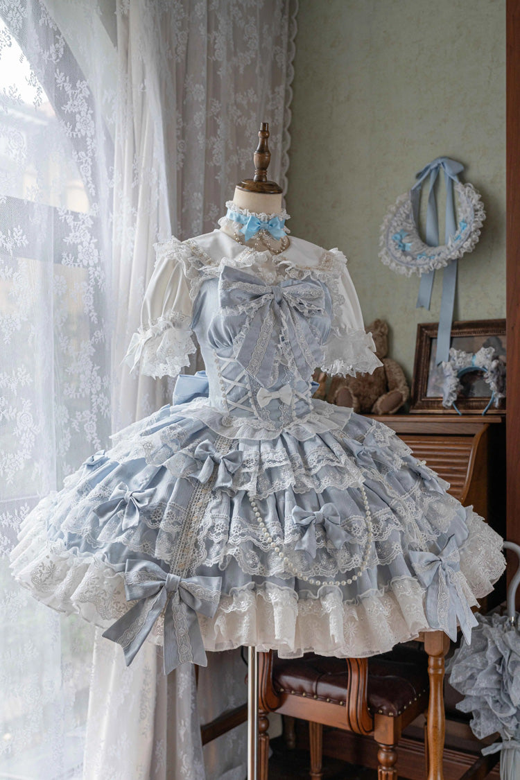 Blue [Small Cakes] Sleeveless Multi-Layered Ruffle Bowknot Lace Sweet Lolita Jsk Dress