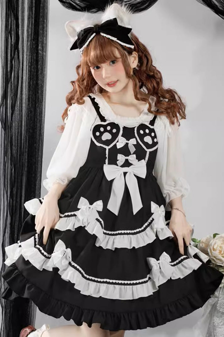 Black/White Bear Paw Print Ruffle Bowknot Sweet Princess Lolita Jsk Dress