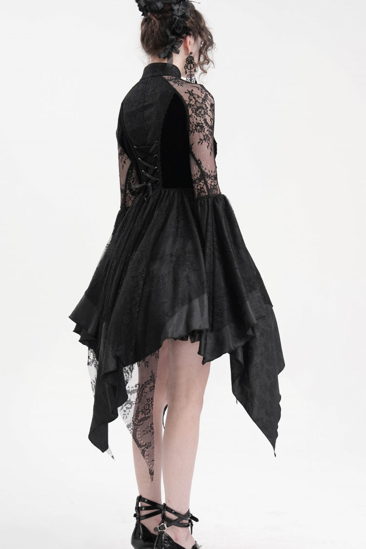 Schwarzes Gothic-Kleid mit langen Ärmeln, Stickerei, Spitze, Schnürung, unregelmäßigem transparentem Netzstoff für Damen