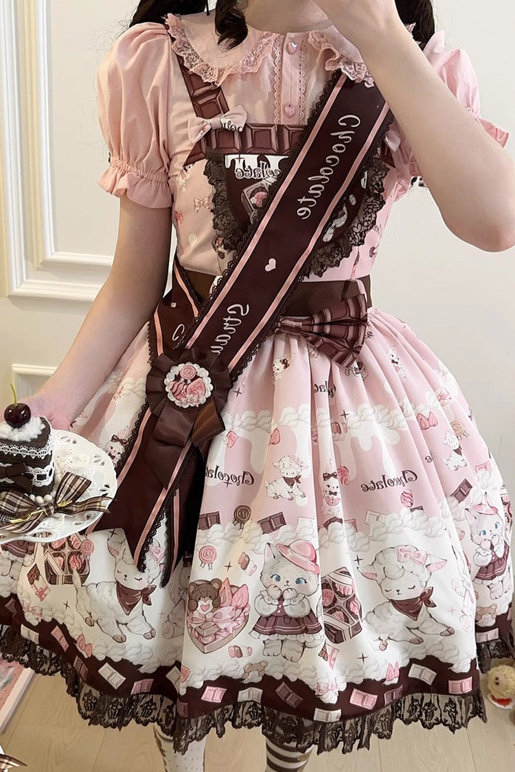 Chocolate Rosette Cat Print Bowknot Stitching Lace Sweet Lolita Jsk Dress 4 Colors