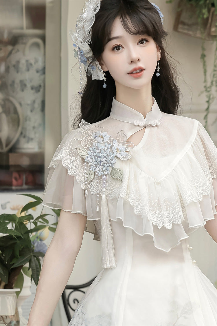 Blanc [Message Hydrangea] Manches courtes Imprimé Volant Dentelle Doux Style chinois Élégant Robe courte Lolita 