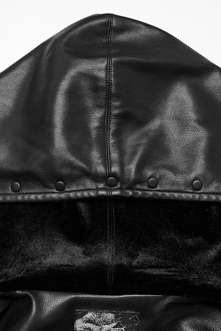 Black Long Sleeves Elastic Waist Faux Leather Hooded Women's Punk Jacket