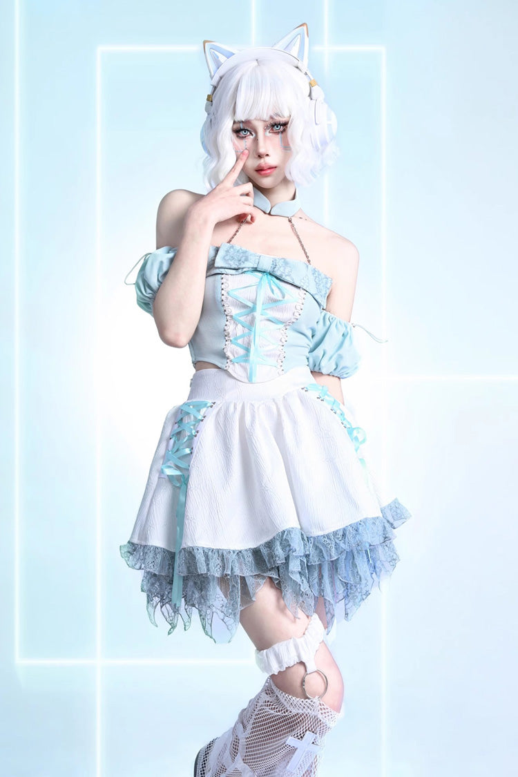 White [Virtual Idol] Ruffle Lace Lace-Up Sweet Lolita Skirt