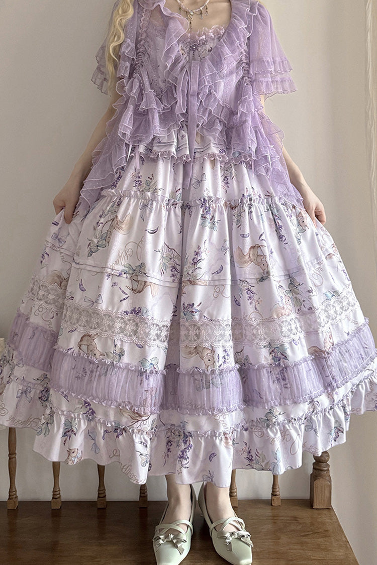 Purple [Pea Squirrel] Sleeveless Multi-Layered Pastoral Print Ruffle Embroidery Lace Sweet Elegant Lolita Jsk Dress