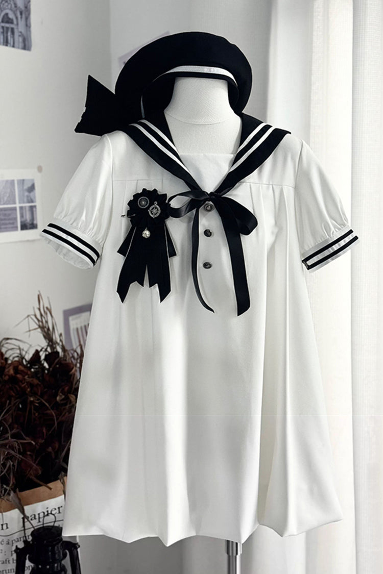Black/White [Old Stories] Navy Collar Short Sleeves Bowknot Sweet Lolita Dress