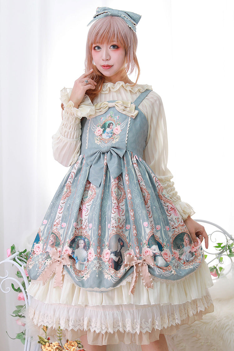 [Portrait of A Little Lady] Print Ruffle Bowknot Lace Classic Vintage Elegant Lolita Jsk Dress 3 Colors