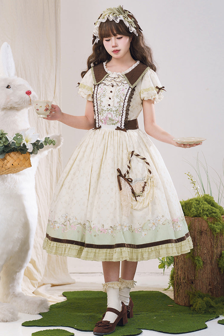 Robe Lolita Douce Élégante Verte/Ivoire [Lily] à Manches Courtes avec Imprimé, Volants, Broderie, Nœud Papillon et Dentelle 