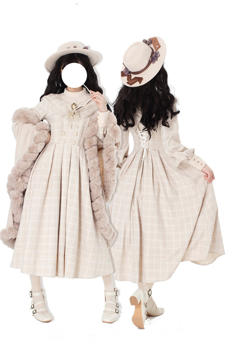 Aprikose [Fontainebleau] Langärmliges, kariertes Schleifenmuster, elegantes, süßes Lolita-Kleid
