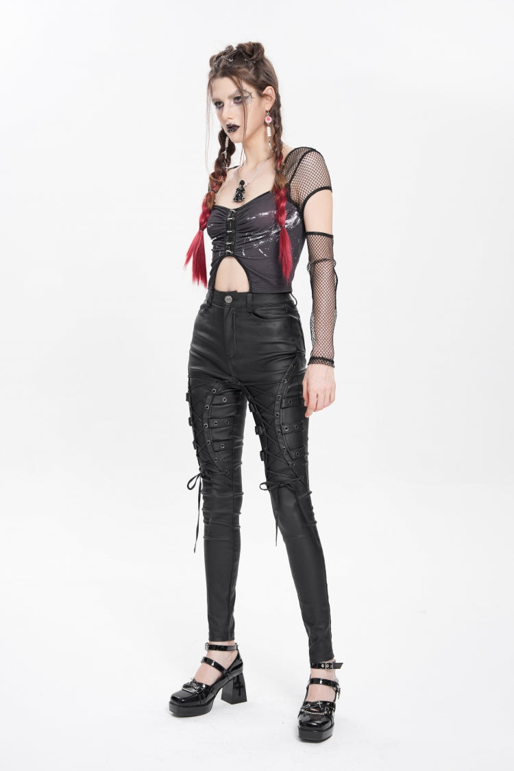 Black Lace-Up Eyelet Straps Women's Punk Pants