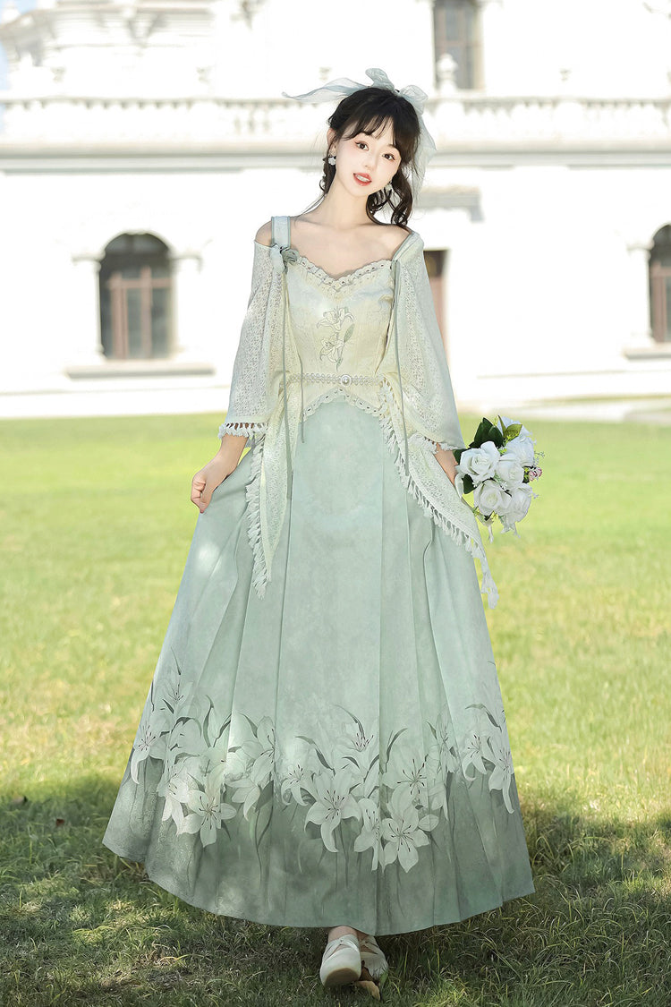 Green High Waisted Print Embroidery Women's Daily Sweet Hanfu Dress Full Set