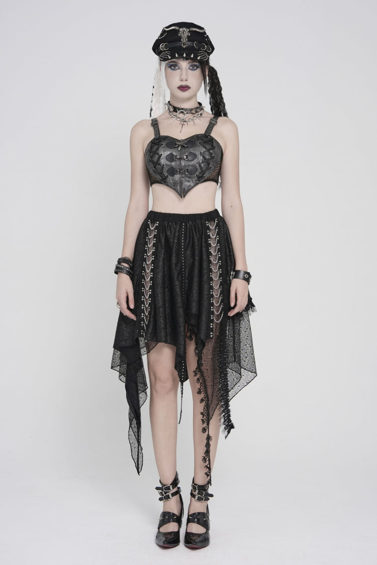 Jupe serpentine punk en dentelle noire décorée de chaînes irrégulières pour femmes