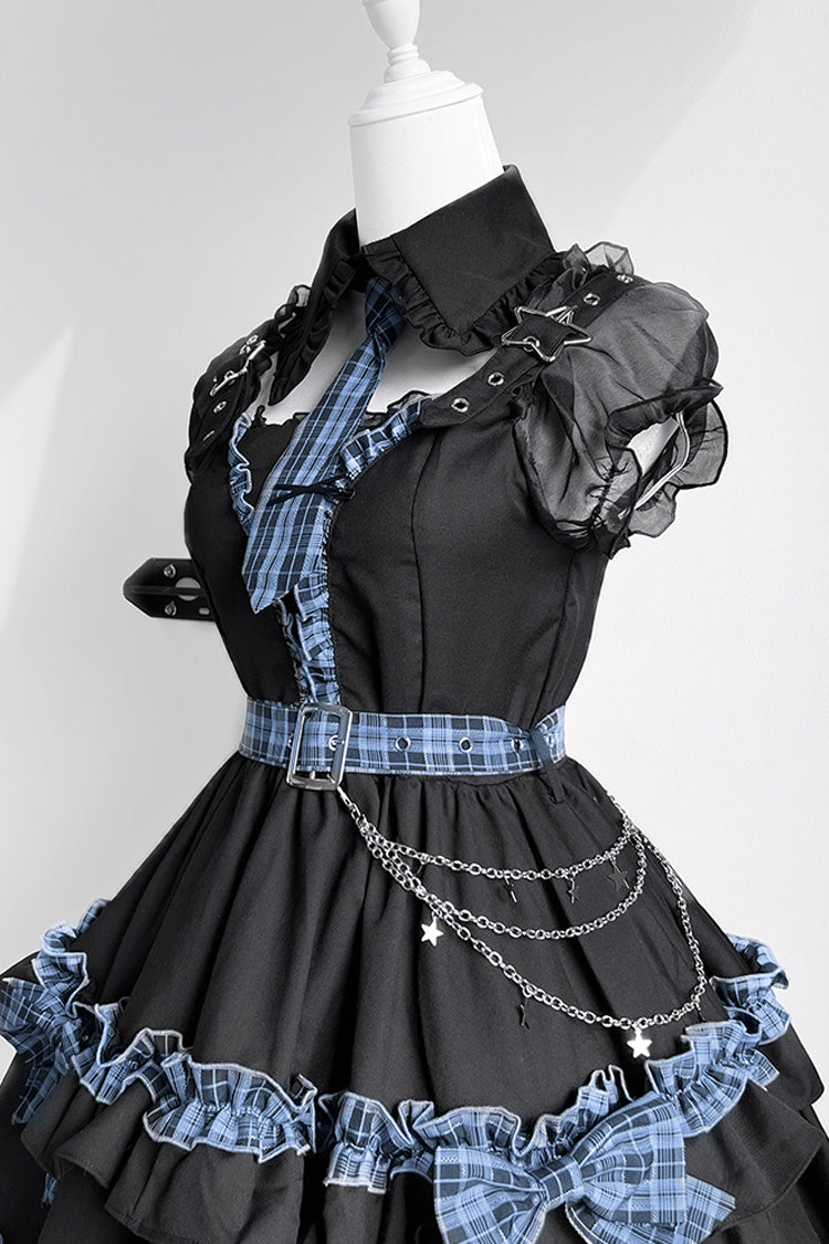 Black [Dark Night Starlight] Chain Ruffle Bowknot Lace Buckle Gothic College Style Lolita Dress Set