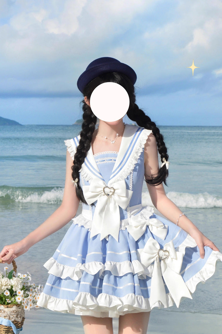 Light Blue Navy Style Sleeveless Double Layer Ruffle Bowknot Lace Sweet Lolita Dress
