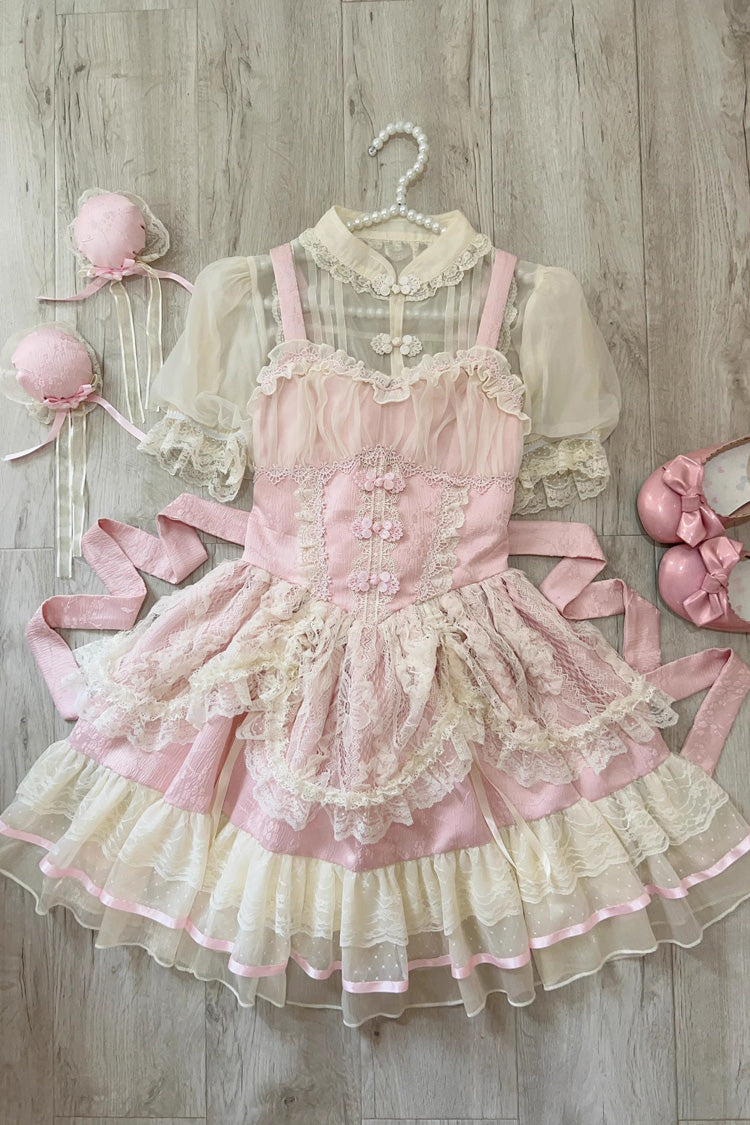Neckholder-Kleid mit Blumenknospen-Print und Rüschenspitze, süßes Lolita-JSK-Kleid im chinesischen Ballettstil, 3 Farben
