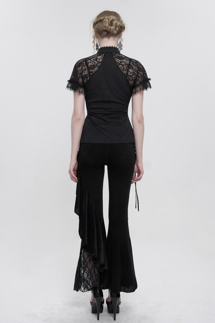 Black Velvet Single Side Stitching Rose Net Side Rope Decoration Asymmetric Pattern Flare Women's Gothic Pants