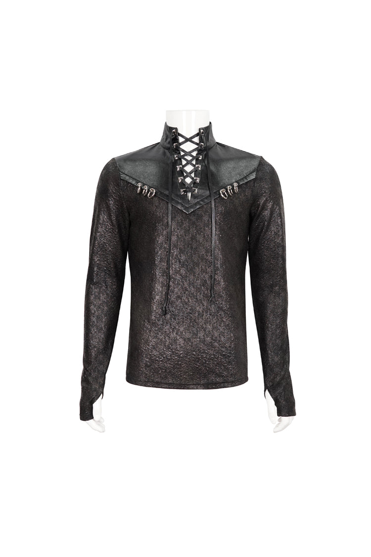 Black Stand Collar Long Sleeves Faux Leather Splice Men's Gothic Shirt