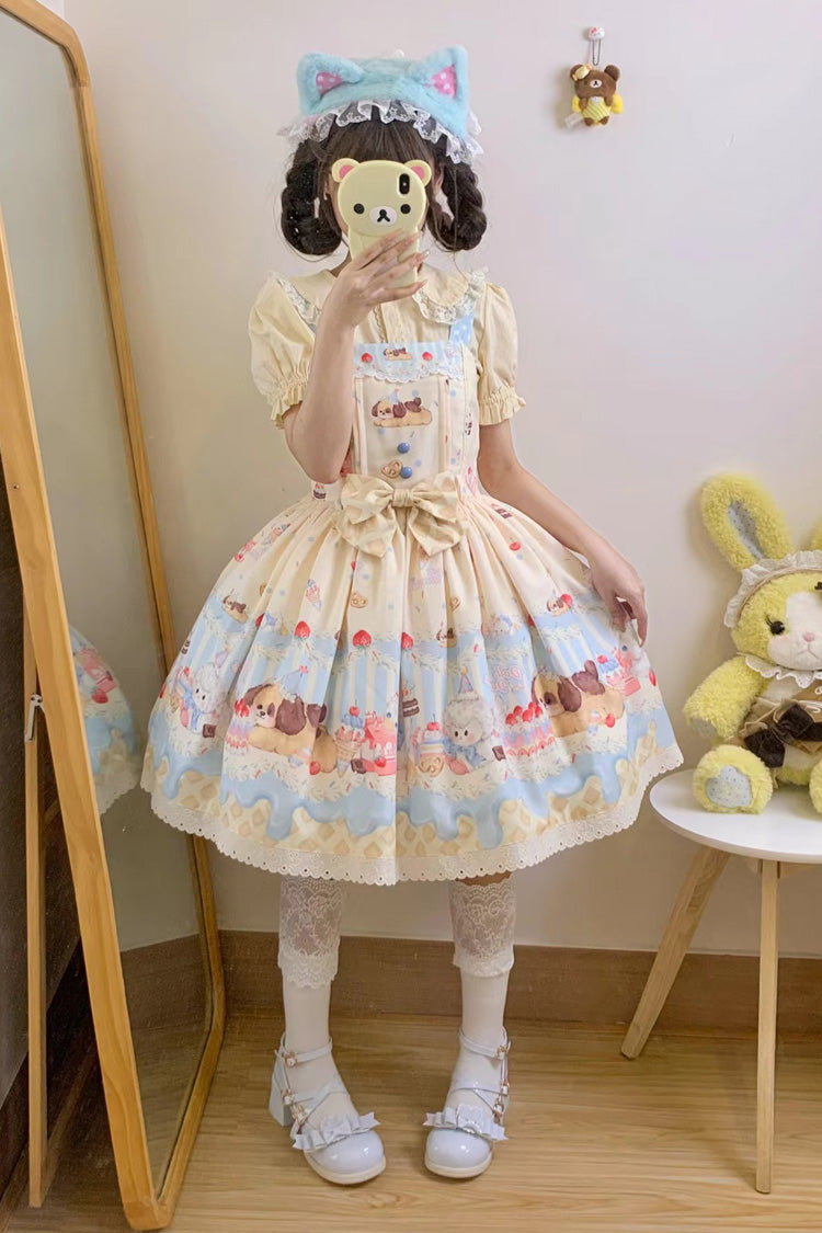 Cream Party Print Bowknot Stitching Lace Sweet Lolita Jsk Dress 3 Colors