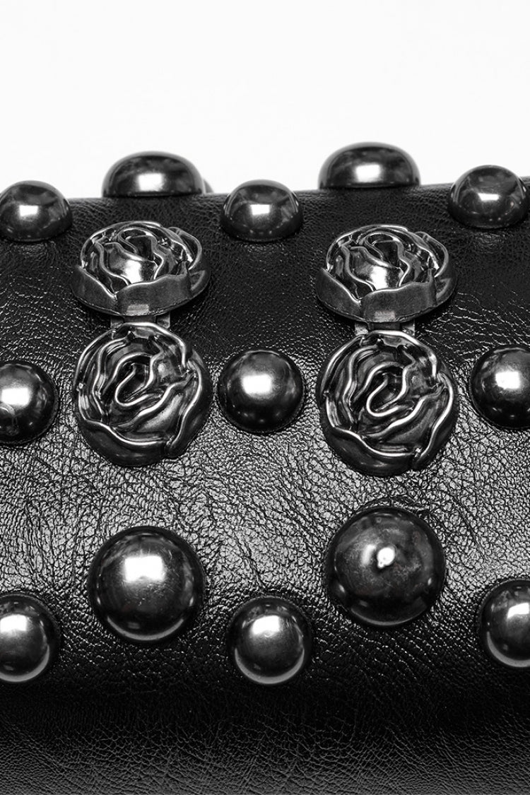Black Beaded Rose Rivet Women's Gothic Faux Leather Clutches
