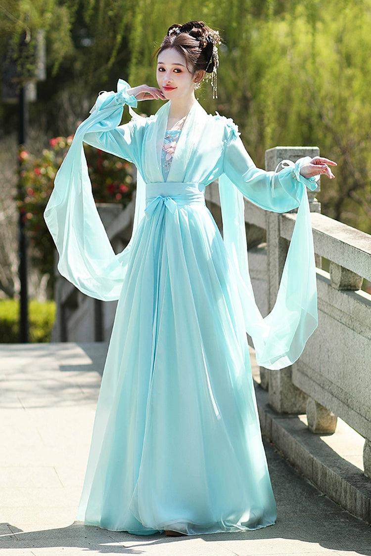 Blue Long Sleeves Print Embroidery Women's Sweet Classic Hanfu Dress Full Set