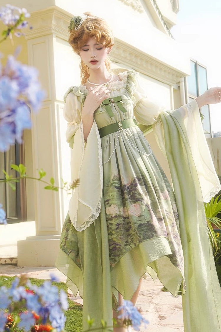 Green [Blooming Roses] Print Oil Painting Chiffon Ruffle Bowknot Irregular Sweet Lolita Jsk Dress