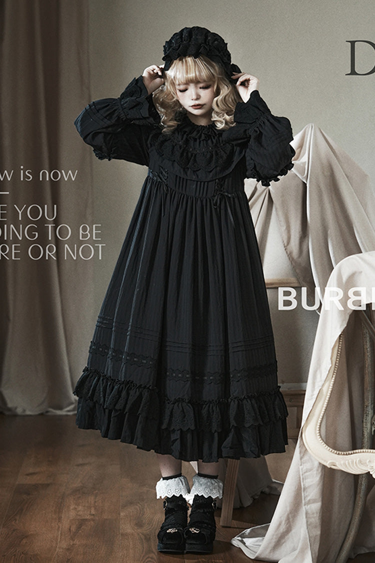 Black [Good Night] Long Sleeves Double-Layered Ruffle Bowknot Lace-Up Holy Gothic Lolita Dress