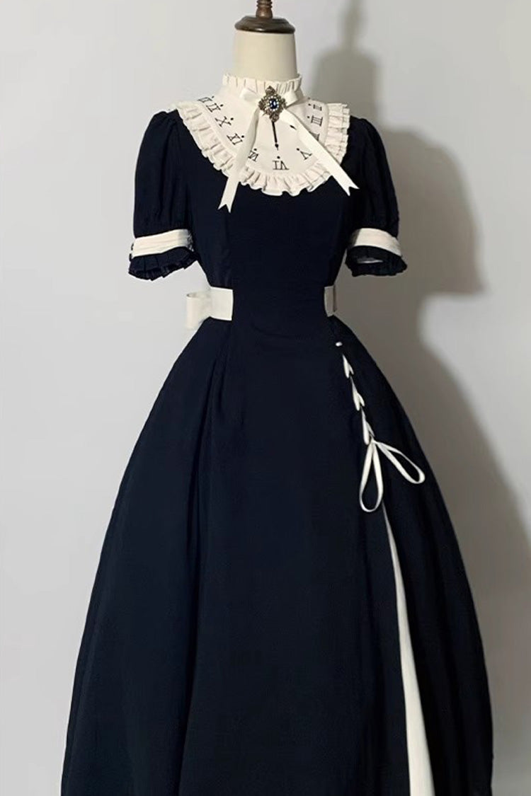 Black/White Short Sleeves Color-blocked with Detachable Embroidered Faux Collar Gothic Lolita Dress