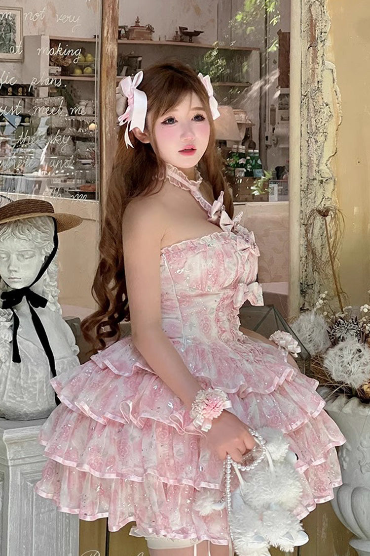 Pink [Broken Silver Rose] Halterneck Sleeveless Multi-Layered Ruffle Bowknot Sweet Princess Lolita Tiered Dress