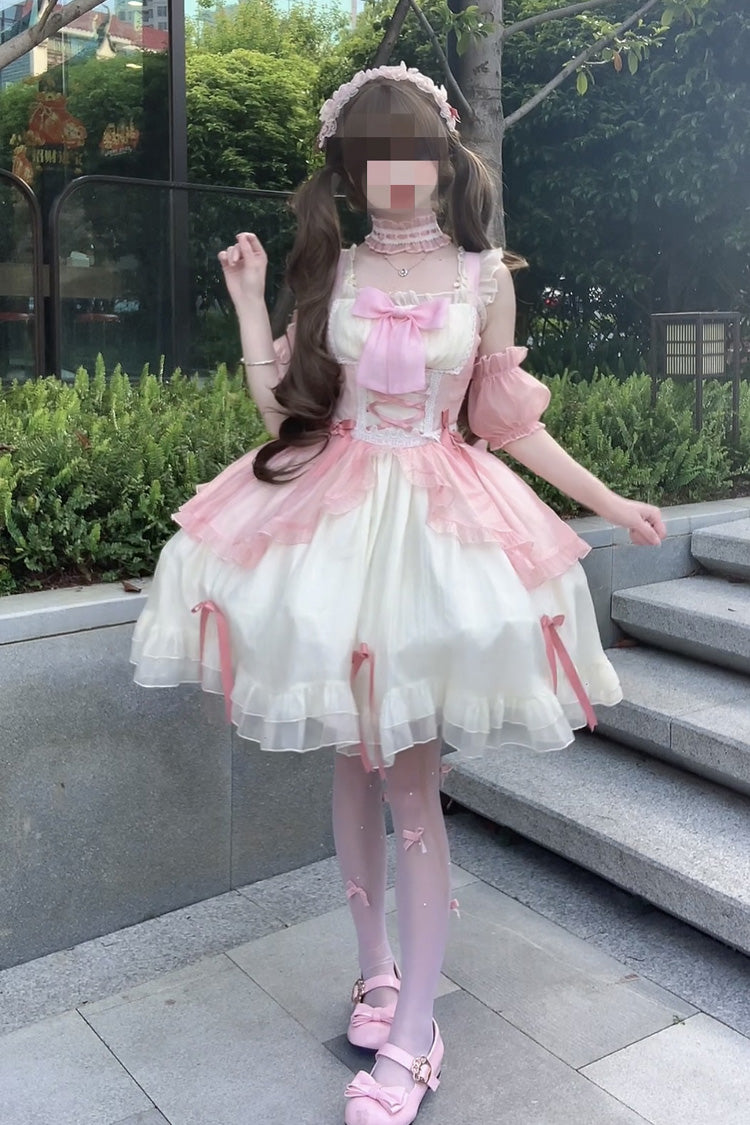 ホワイト/ピンク【スイートサクラリボン】ノースリーブ二段フリルリボンスイートプリンセスロリータJSKドレス