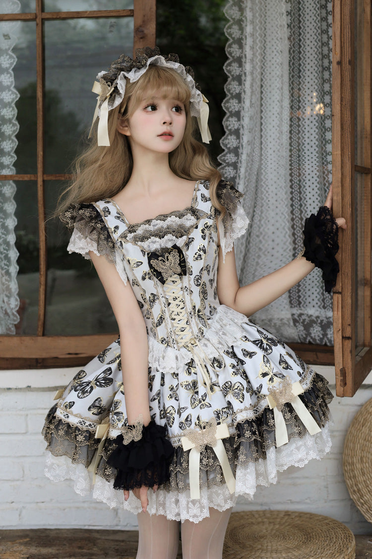 Cream [Golden Spirit • Dream Butterfly] Sleeveless Print Ruffle Bowknot Lace-Up Sweet Princess Lolita Jsk Dress Set