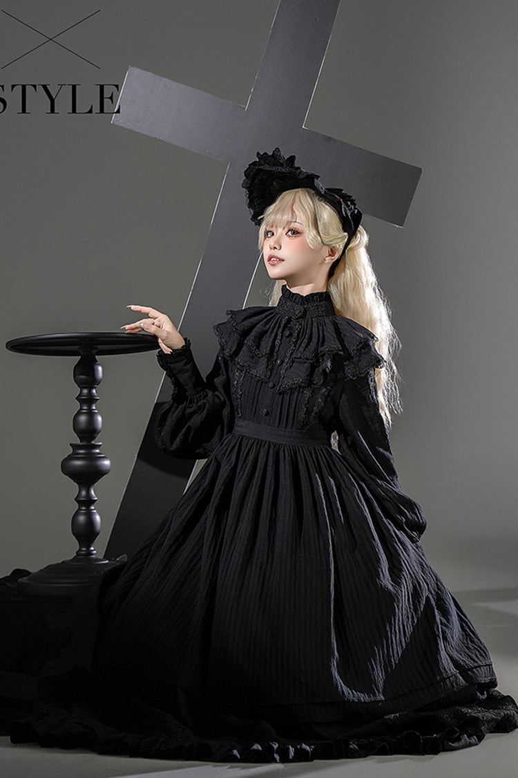 Schwarzes [Quiet Place] Langarm Jacquard Rüschen Stickerei Schleife Gothic Lolita Kleid 