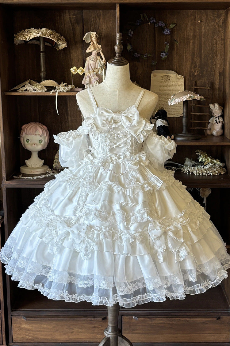 Weißes [Frühlingskirsche-Schneefall] schulterfreies, kurzes, mehrlagiges, gerüschtes Schleife-Sweet-Lolita-JSK-Kleid