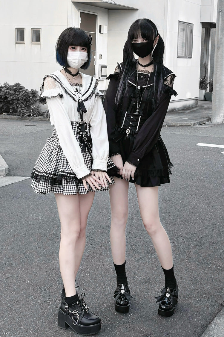 Black Ruffle Bowknot Lace Lace-Up Pearl Jirai Kei Japanese Skirt