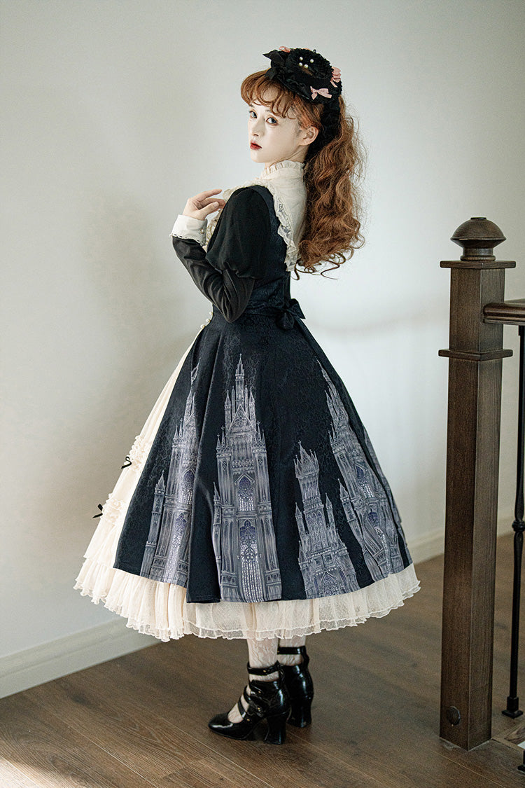 Black/White Church Bells Print Ruffle Cardigan Bowknot Gothic Elegant Lolita Dress