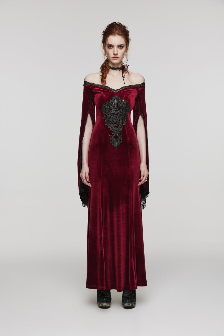Rotes schulterfreies, langes Trompetenärmel-Hochzeits-Stil, besticktes Patchwork-Spitzen-Schnürkleid für Damen im Gothic-Stil, elegantes, luxuriöses, trägerloses Samtkleid
