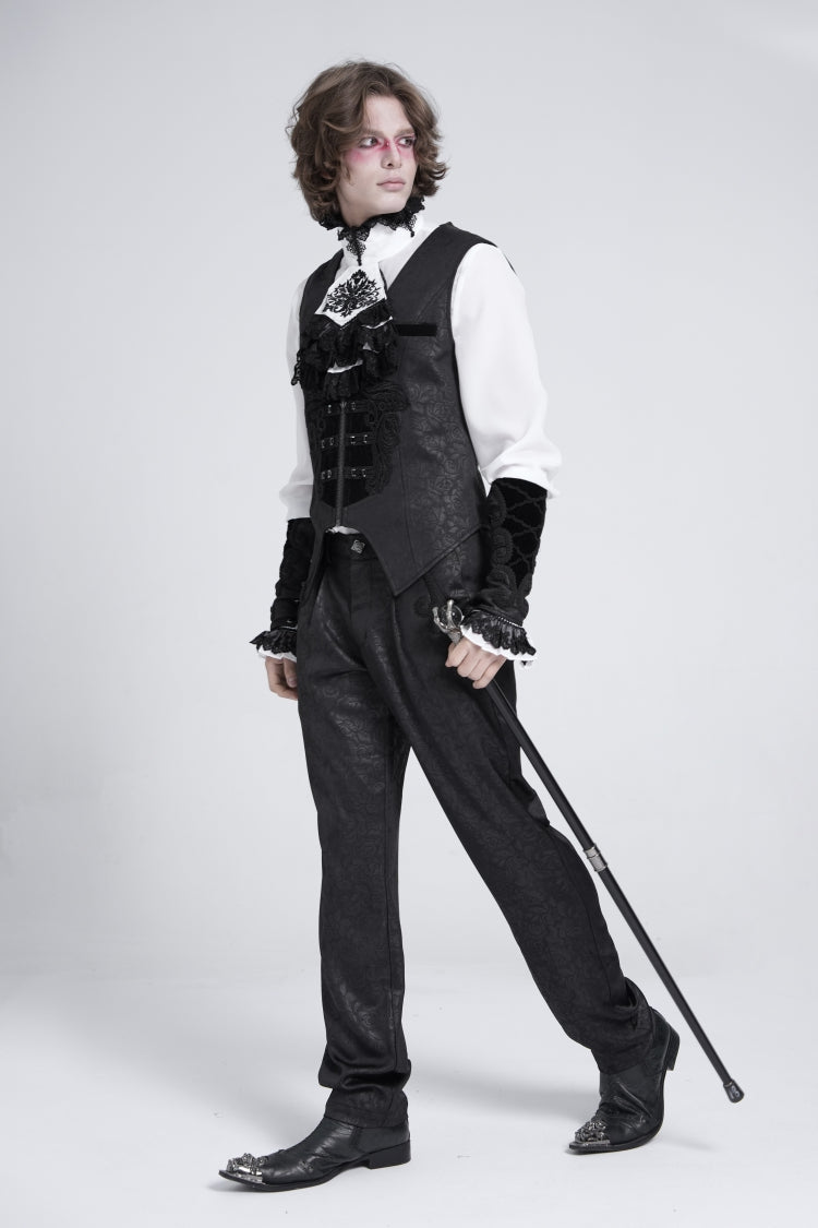 Black Sleeveless Floral Embroidery Stitching Velvet Men's Gothic Vest