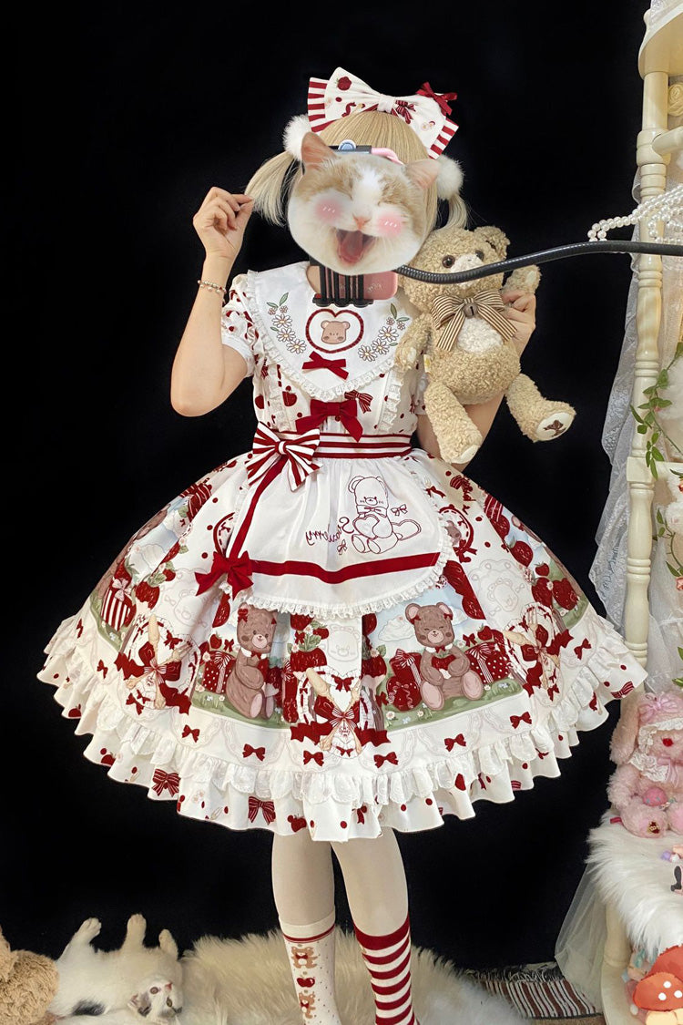 Red/White Short Sleeves Strawberry Bear Print Ruffle Bowknot Sweet Plus Size Lolita Dress