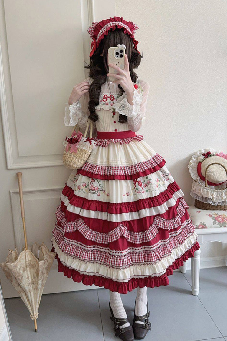Red [Strawberry Basket] Square Collar Multi-Layered Printed Ruffled Embroidered Bow Sweet Lolita Jsk Dress